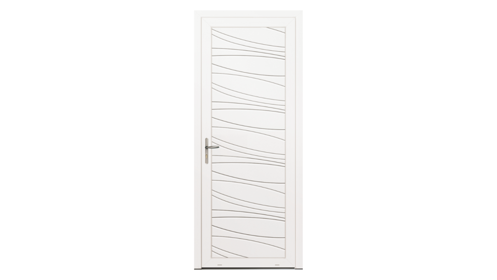 Porte d'entrée PVC parclosé ECO ZEBRE Porte d'entrée blanche avec une décoration composé d'une multitudes de traits
